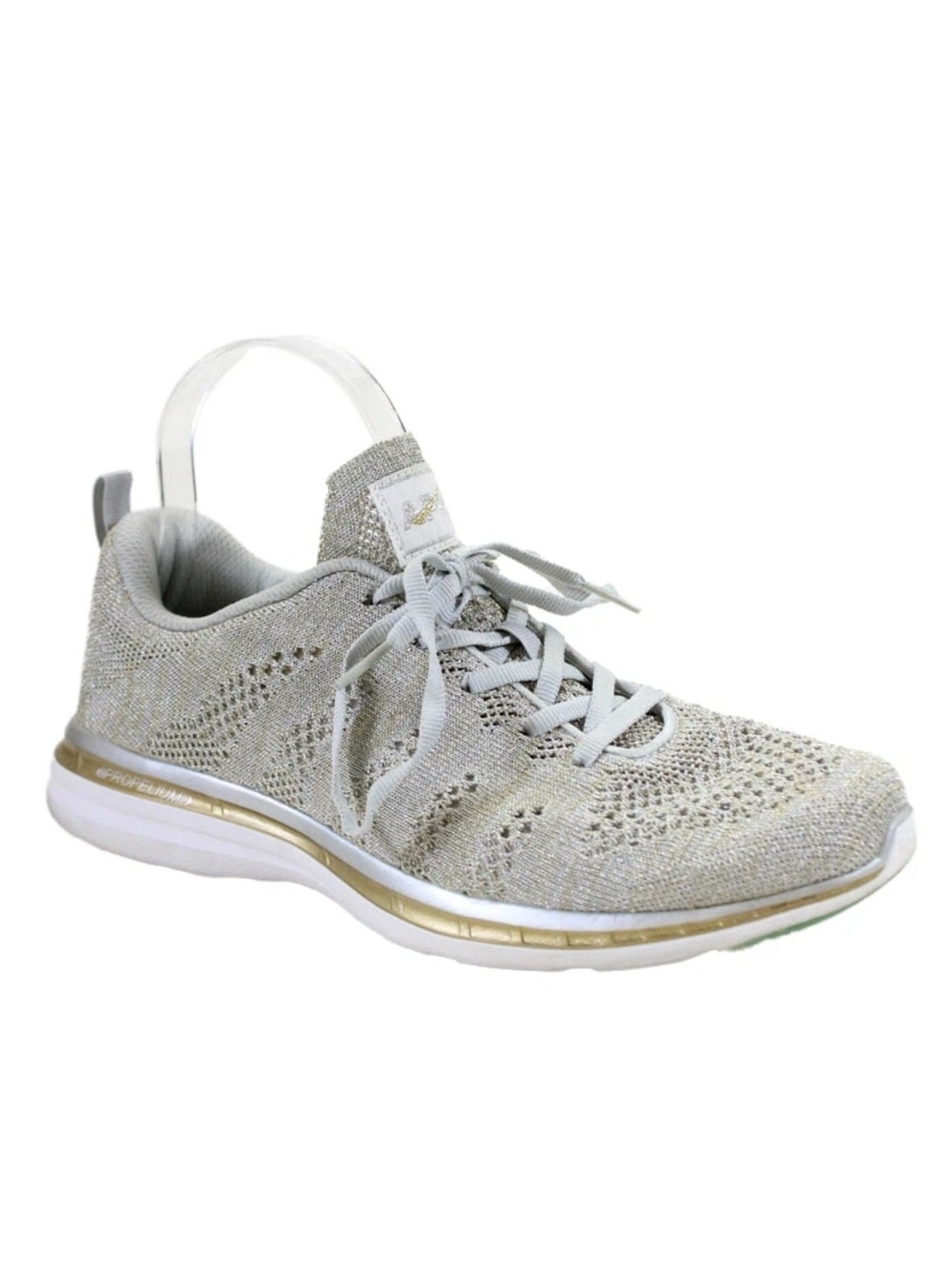 APL Women's Techloom Pro Athletic Sneaker - Silver/Gold Knit & Trim SZ 9
